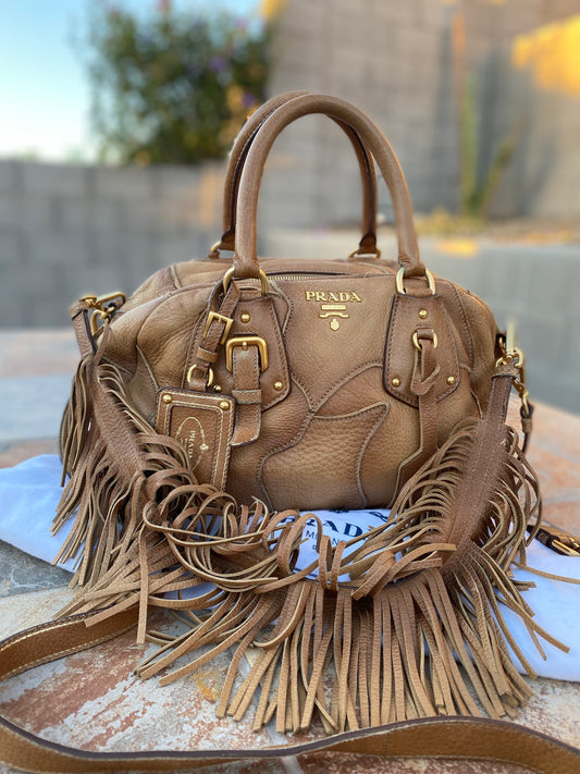 Prada Cervo Patch Deerskin Leather Fringe Satchel