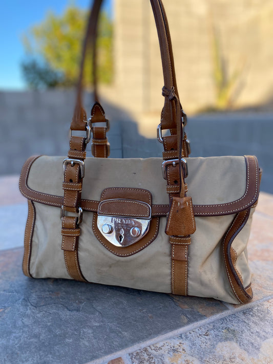 Prada Vintage Tessuto Leather Nylon Shoulder Bag