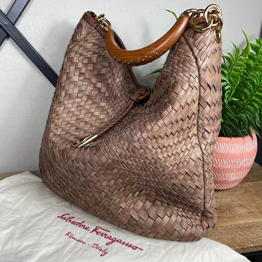 Salvatore Ferragamo Ceyla Woven Leather Hobo