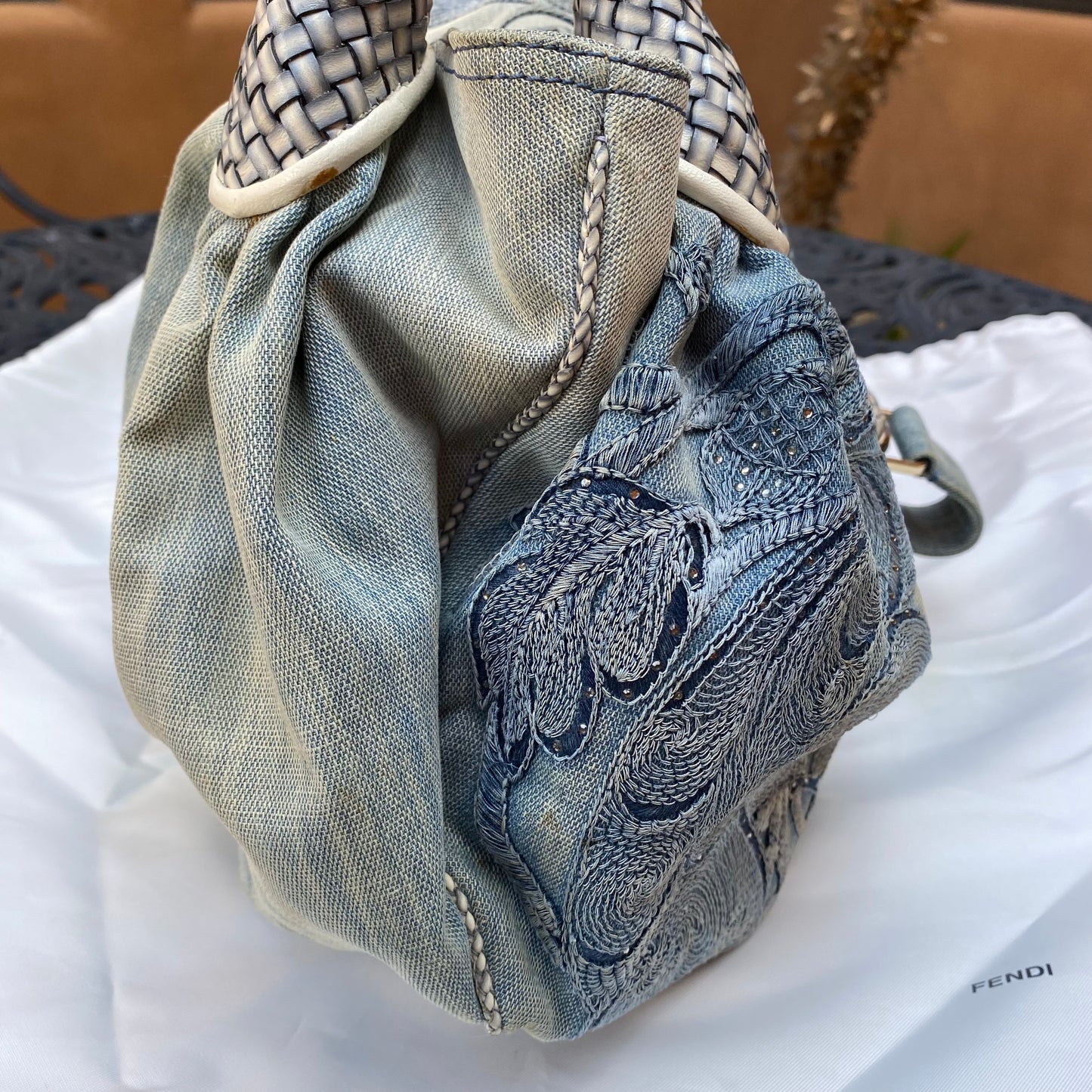 Fendi Limited Edition Blue Denim Embroidered Squirrel Spy Bag