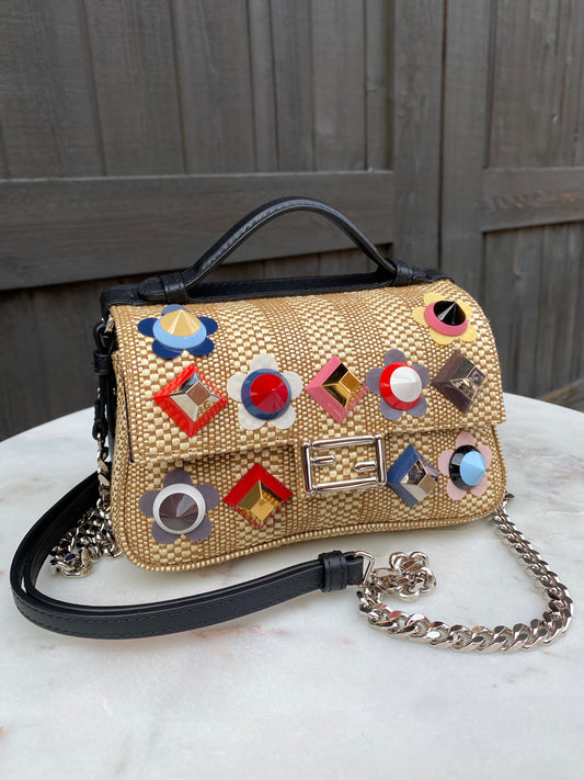 Fendi Straw Nappa Flowerland Studded Micro Double Baguette Multicolor Crossbody