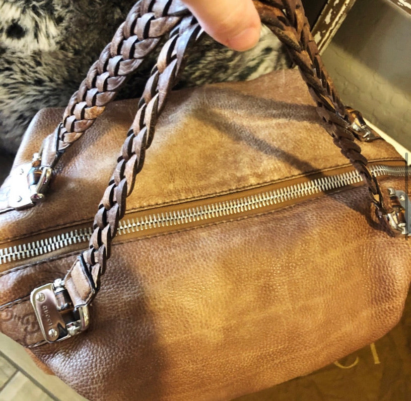 Gucci XL Braided Leather Bamboo Bar Tote