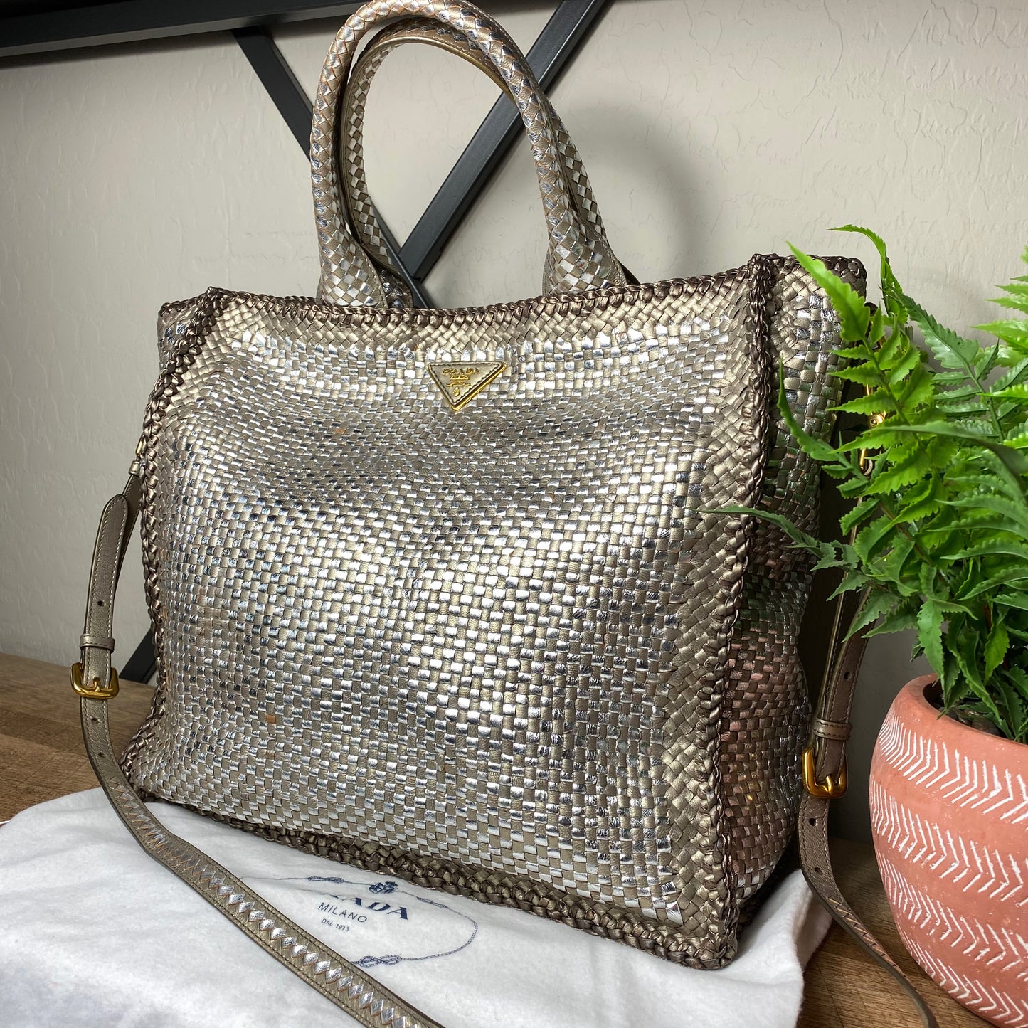 Prada Convertible Madras Woven Leather Large Tote