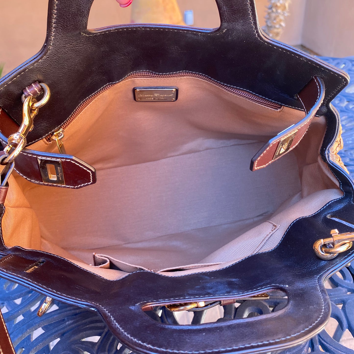 Salvatore Ferragamo Leather and Raffia Tote