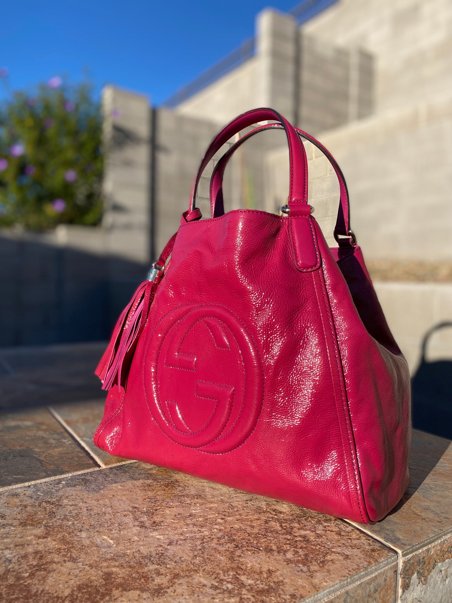 Gucci GG Logo Patent Leather Soho Shoulder Bag