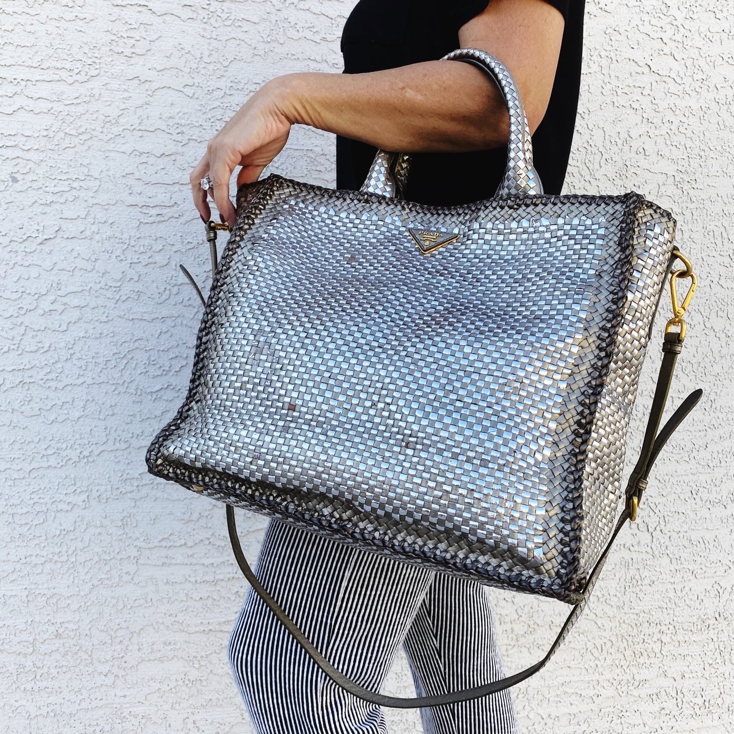 Prada Convertible Madras Woven Leather Large Tote