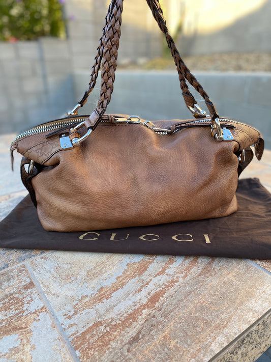 Gucci Braided Leather Large Bamboo Bar Tote Bag