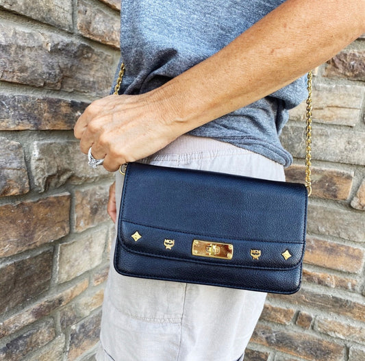 MCM Turnlock Pebbled Leather Chain Crossbody