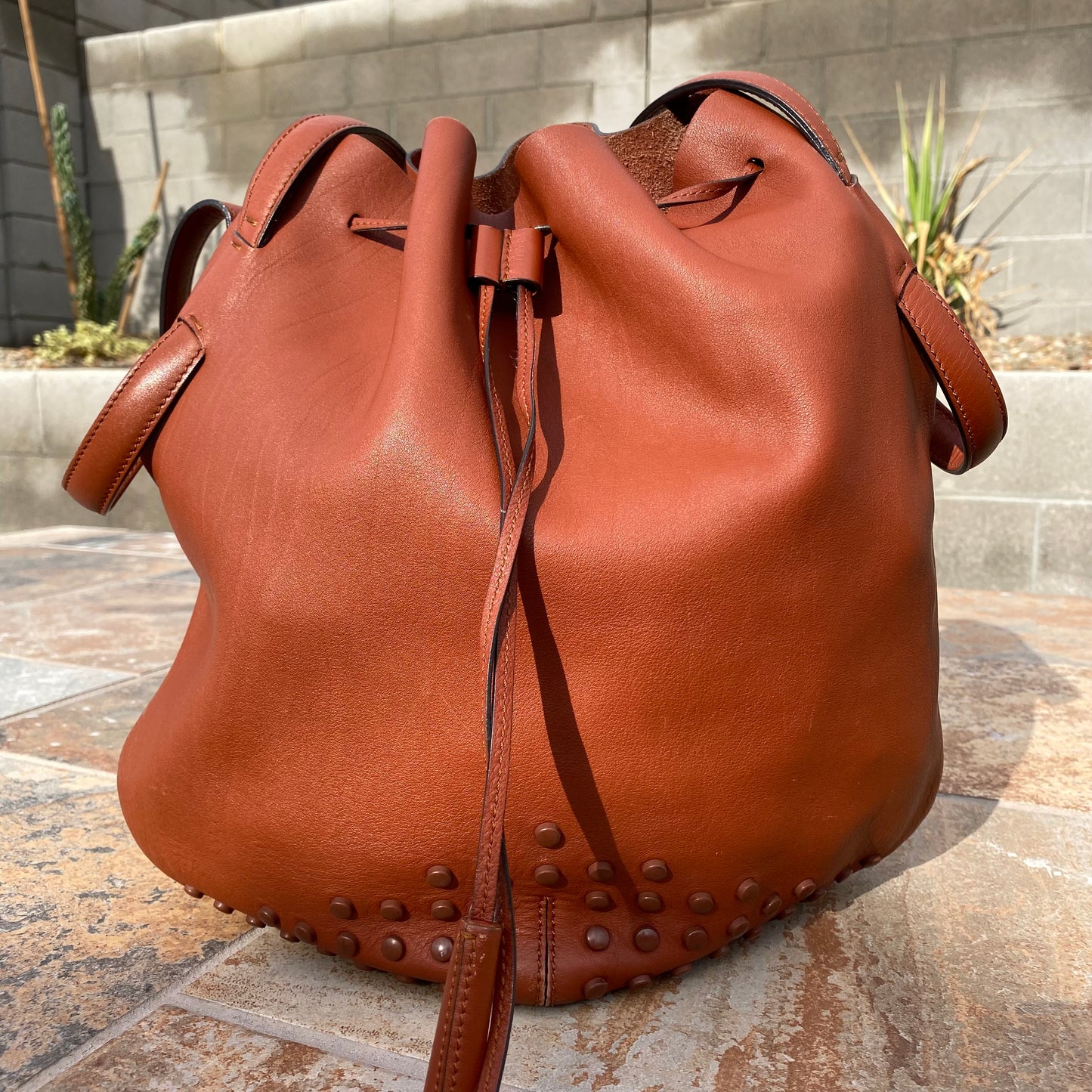 Tod's Secchiello Gommini Cognac Leather Bucket Bag