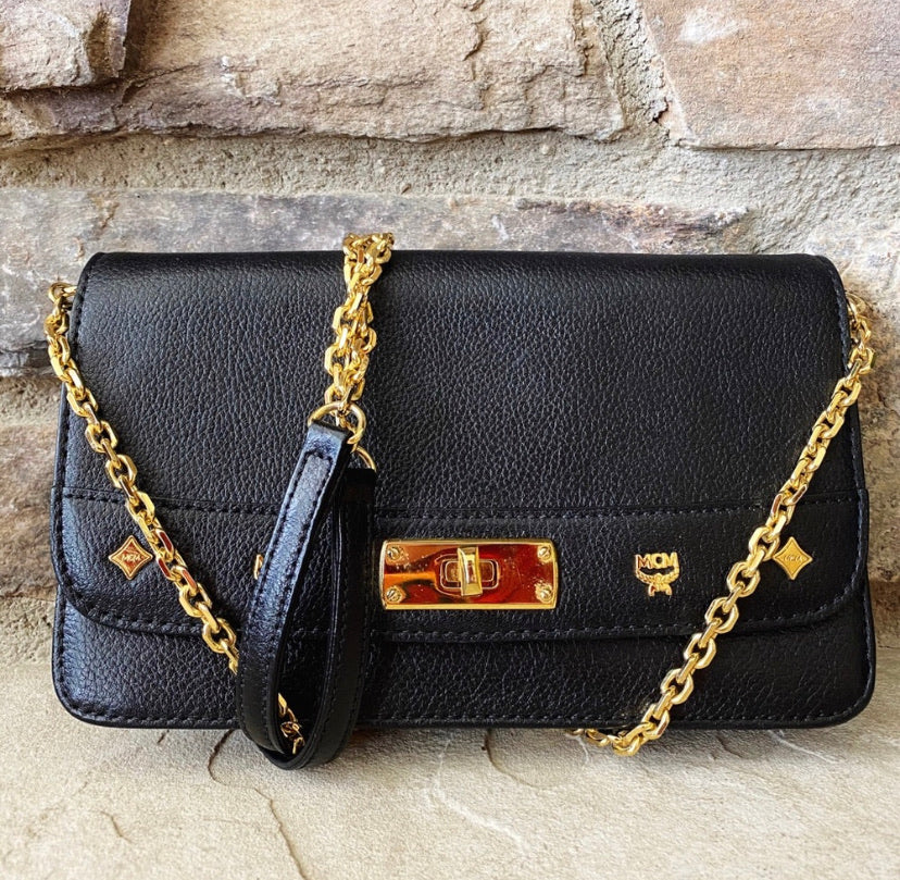 MCM Turnlock Pebbled Leather Chain Crossbody