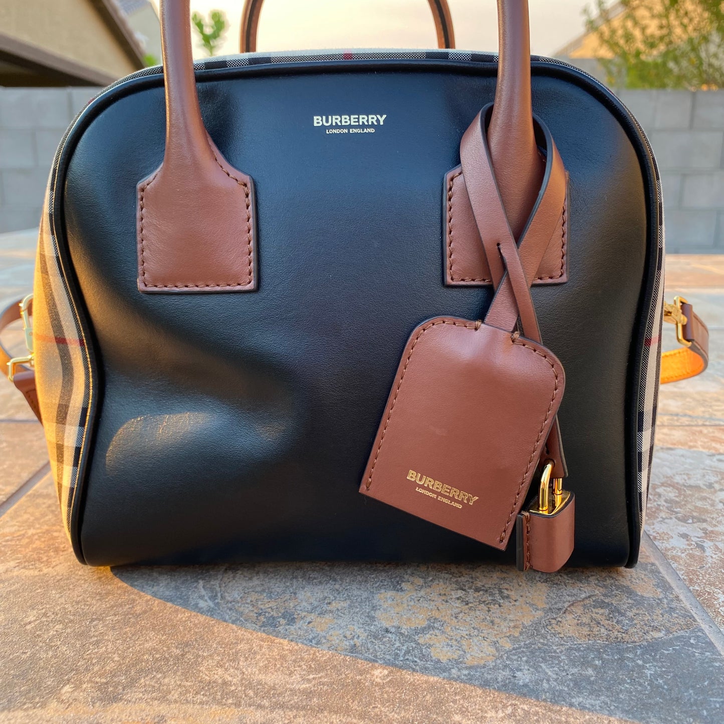 Burberry Small Leather Check Cube Bag