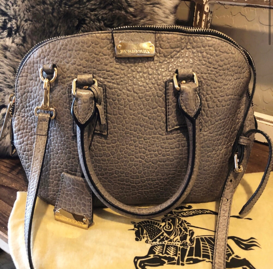 Burberry Orchard Pebbled Leather Heritage Bag