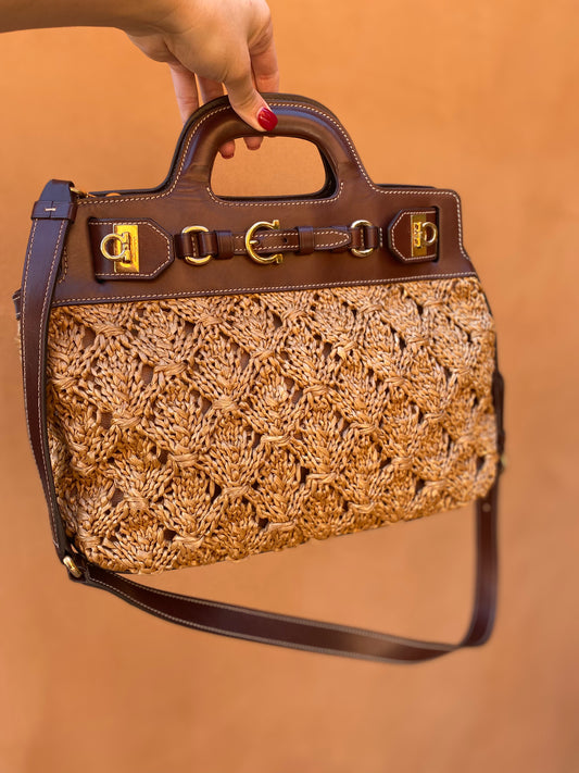 Salvatore Ferragamo Leather and Raffia Tote