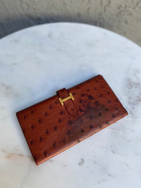 Hermès Bearn Cognac Ostrich Leather Classique Wallet