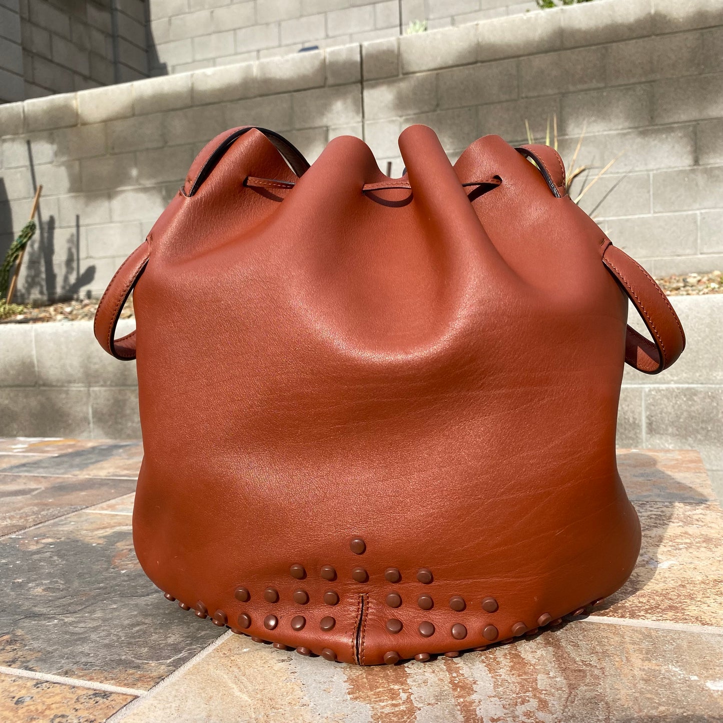 Tod's Secchiello Gommini Cognac Leather Bucket Bag