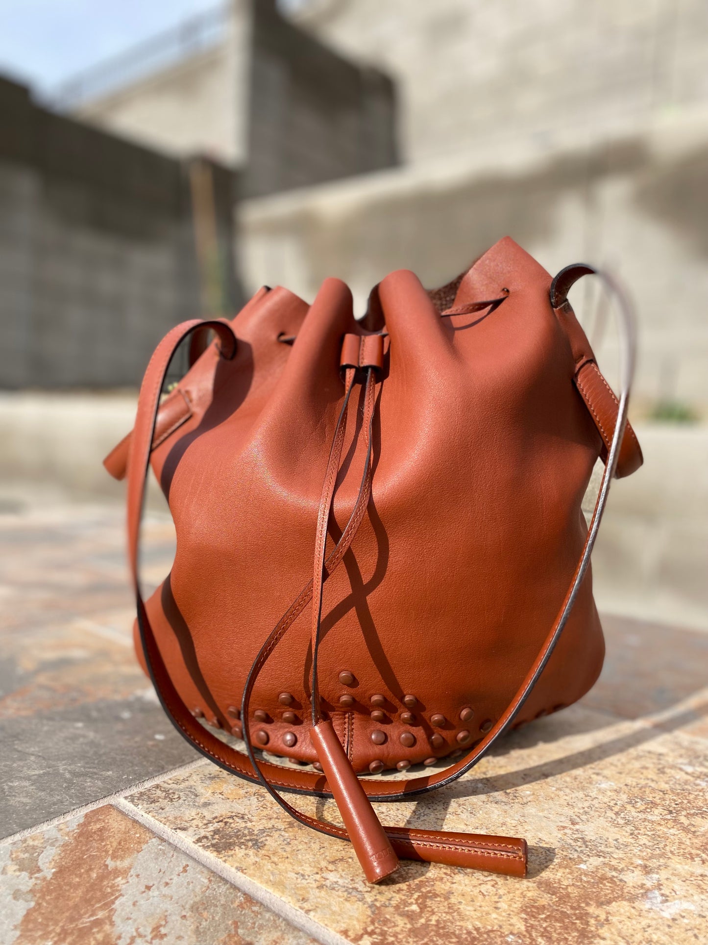 Tod's Secchiello Gommini Cognac Leather Bucket Bag