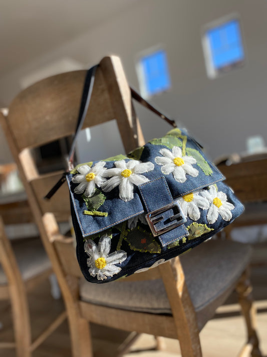Fendi Denim Flower Mama Baguette Shoulder Bag