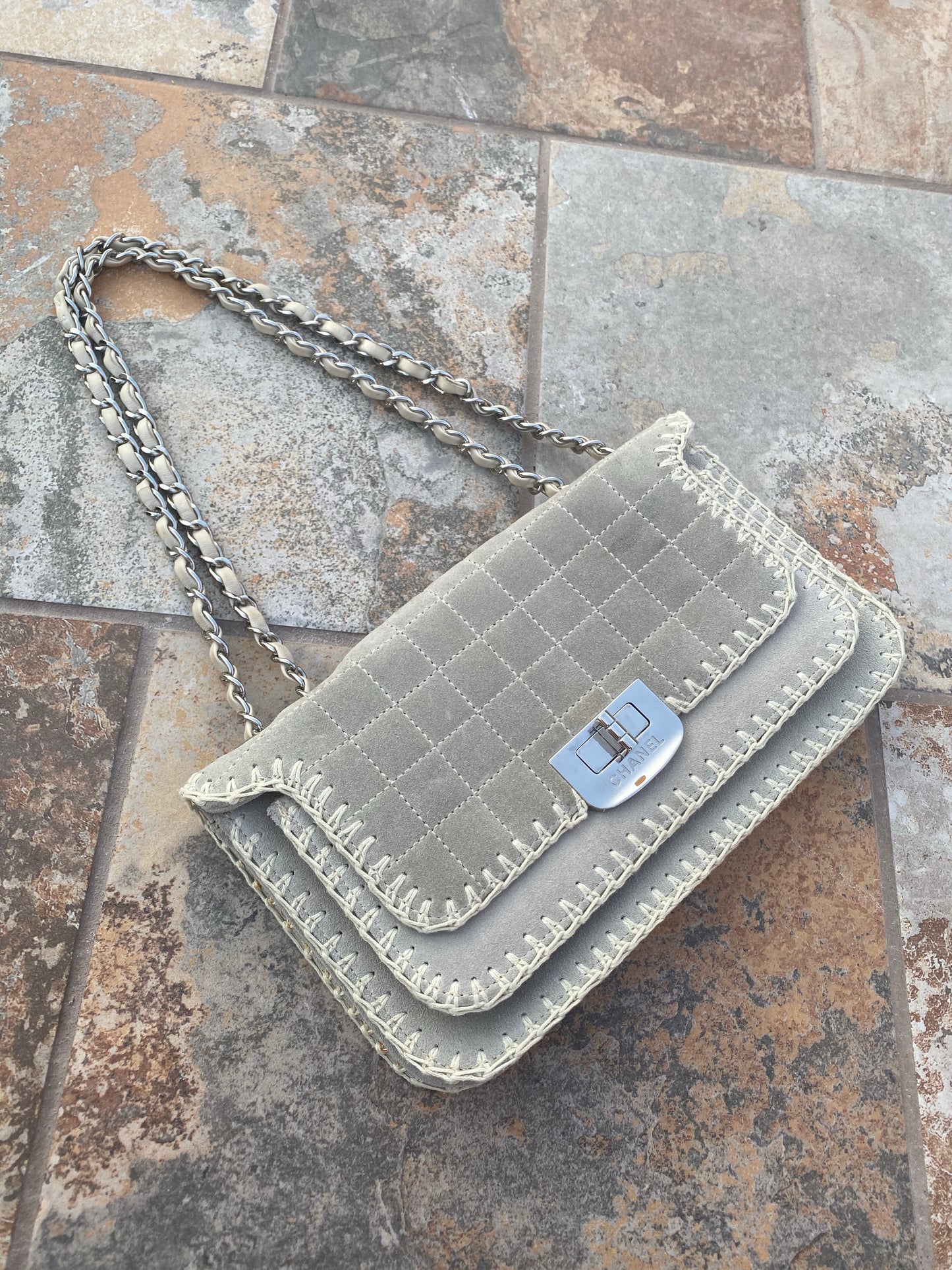 Chanel Suede Chocolate Bar Whipstitch Mademoiselle Flap Bag
