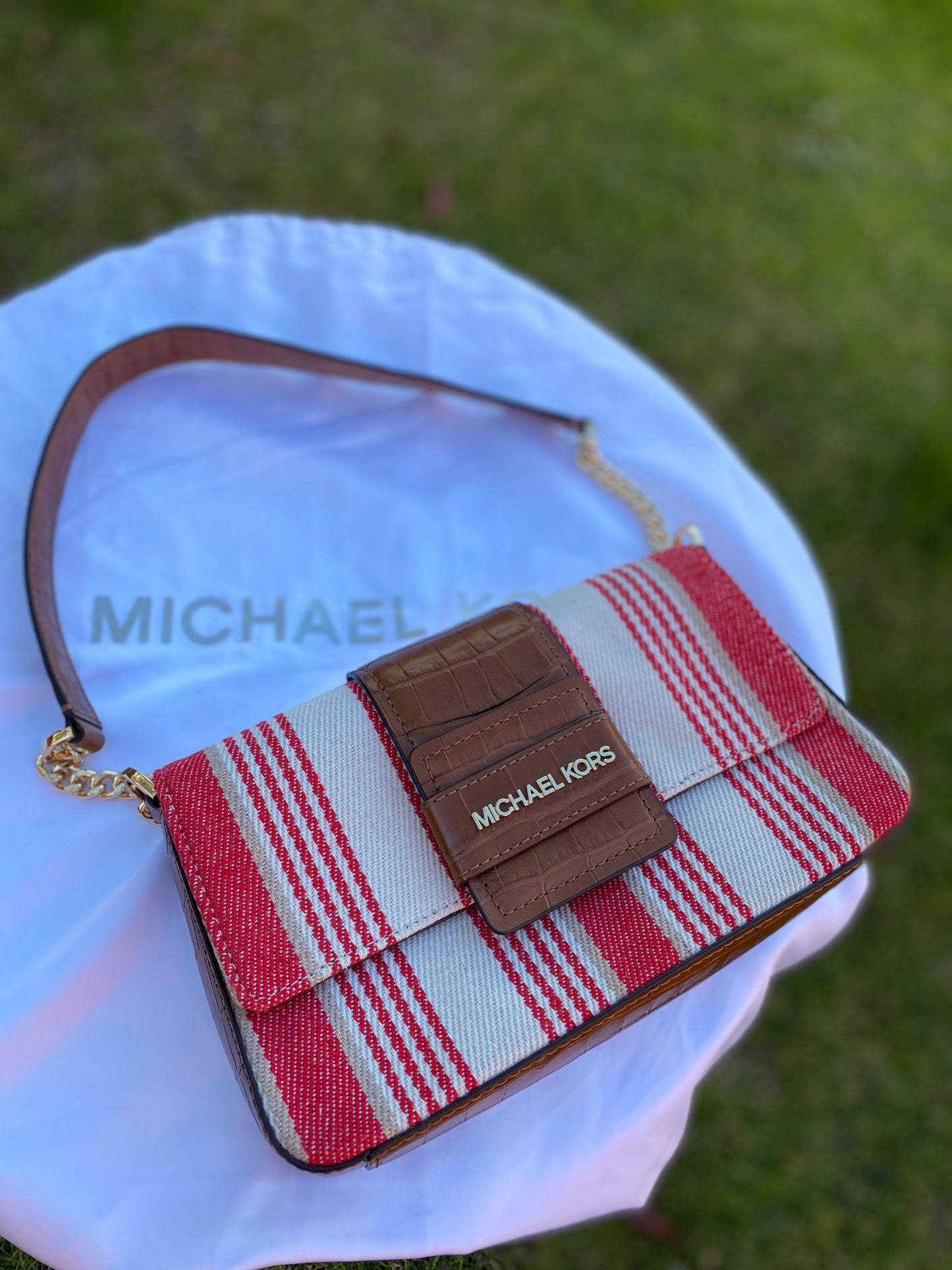 Michael Kors Sage Stripe Canvas Chain Shoulder Bag