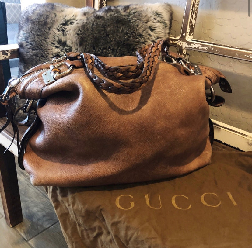 Gucci XL Braided Leather Bamboo Bar Tote