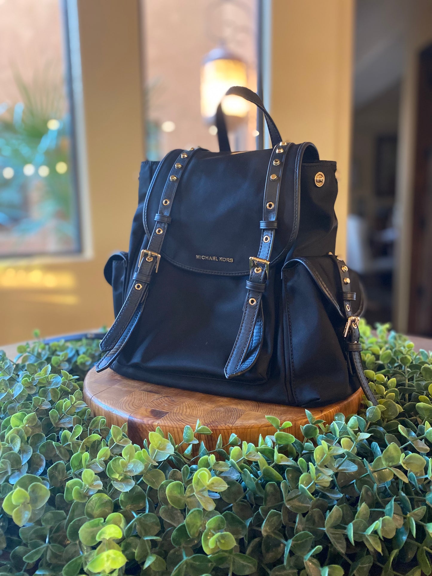 Michael Kors Leila Nylon Leather Studded Backpack