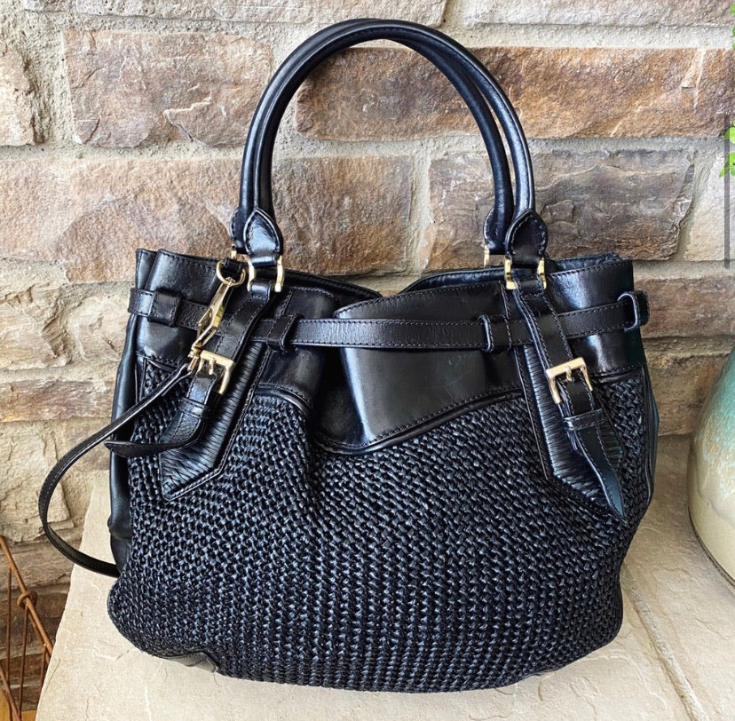 Burberry Woven Straw and Leather Shoulder Bag