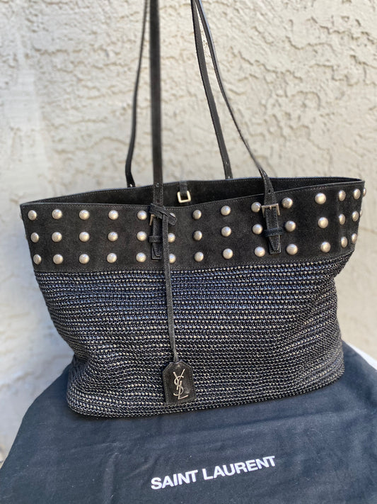 Saint Laurent Studded East/West Raffia Shopping Tote