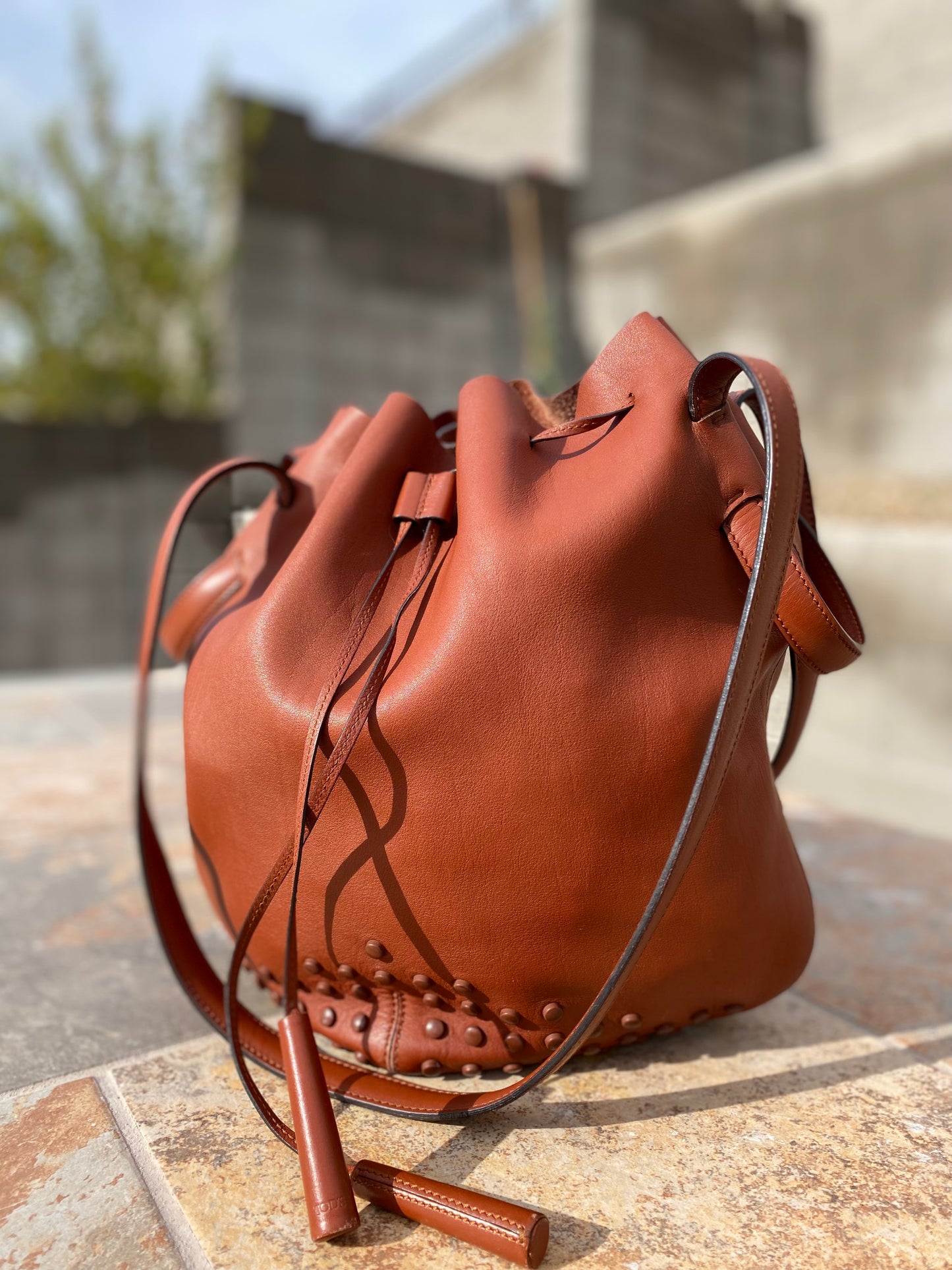 Tod's Secchiello Gommini Cognac Leather Bucket Bag