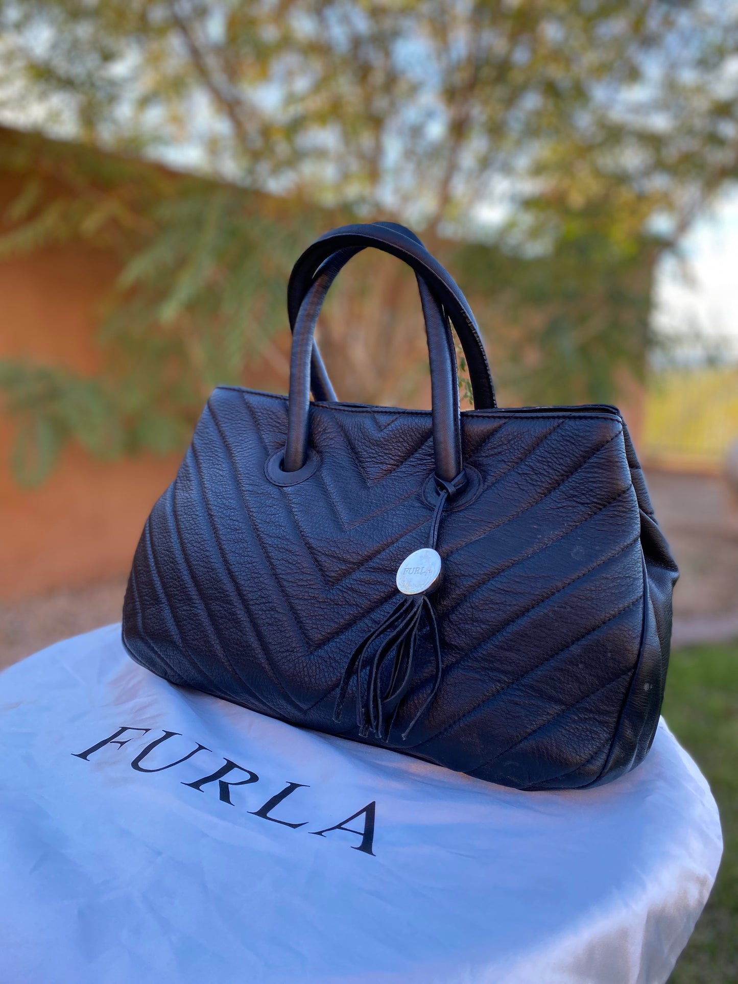 Furla Quilted Chevron Pattern Leather Satchel