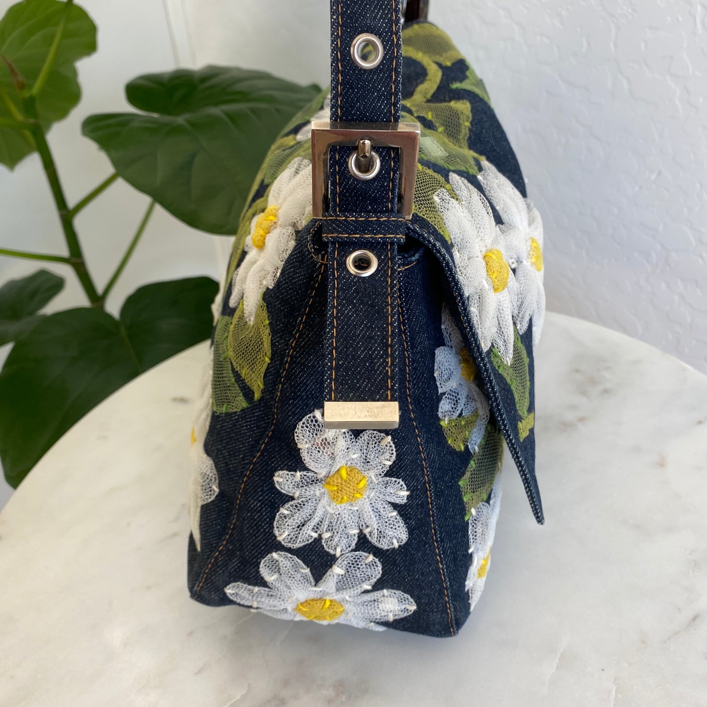 Fendi Denim Flower Mama Baguette Shoulder Bag