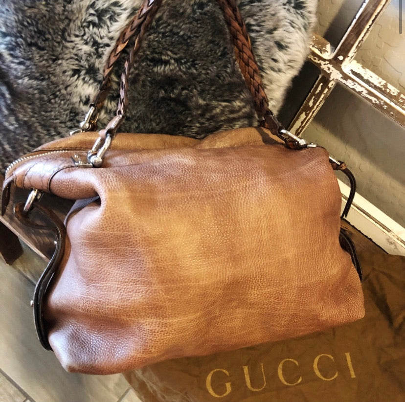 Gucci XL Braided Leather Bamboo Bar Tote