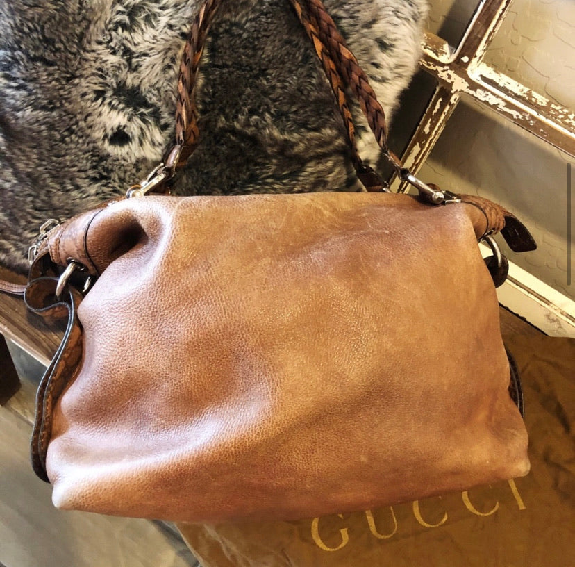 Gucci XL Braided Leather Bamboo Bar Tote