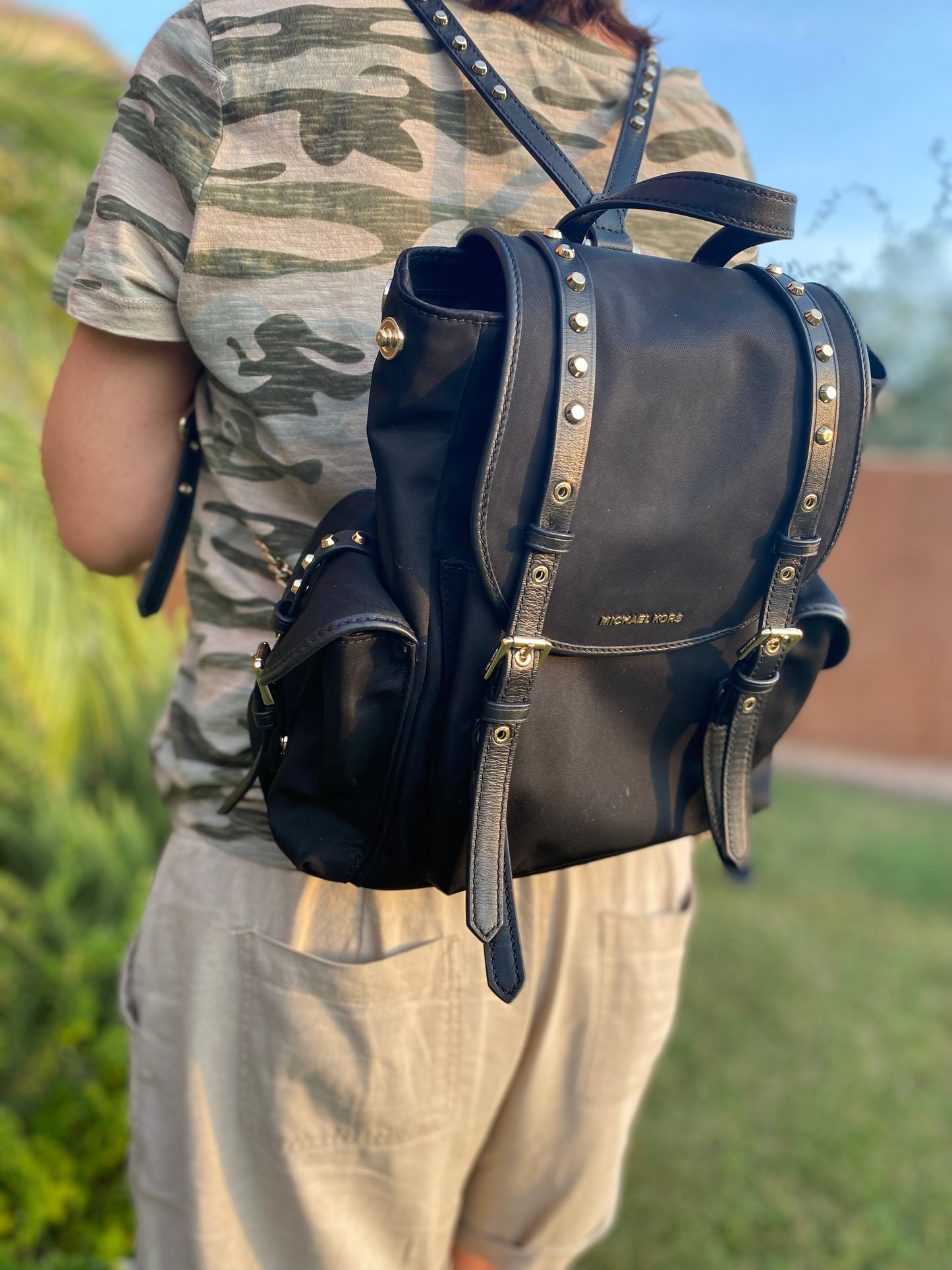 Michael Kors Leila Nylon Leather Studded Backpack