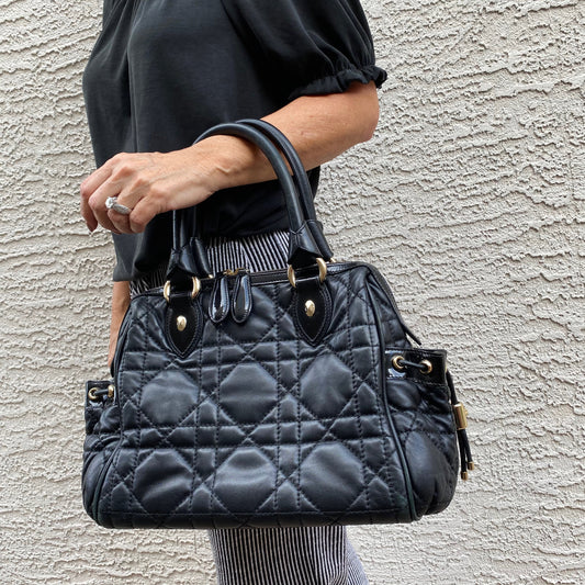 Dior Black Cannage Leather Side Pocket Satchel