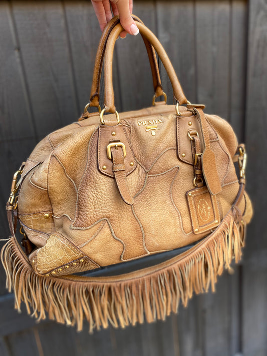 Prada Cervo Patch Deerskin Leather Fringe Satchel