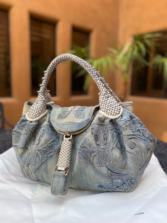Fendi Limited Edition Blue Denim Embroidered Squirrel Spy Bag