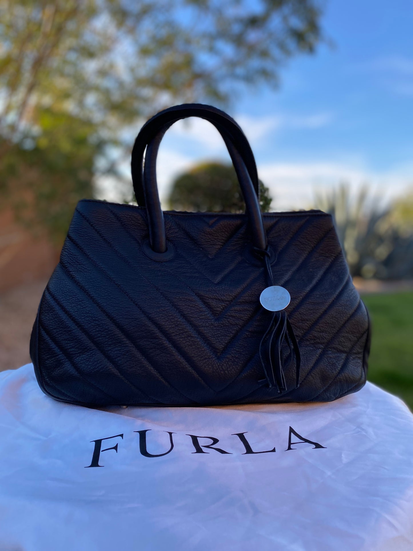 Furla Quilted Chevron Pattern Leather Satchel