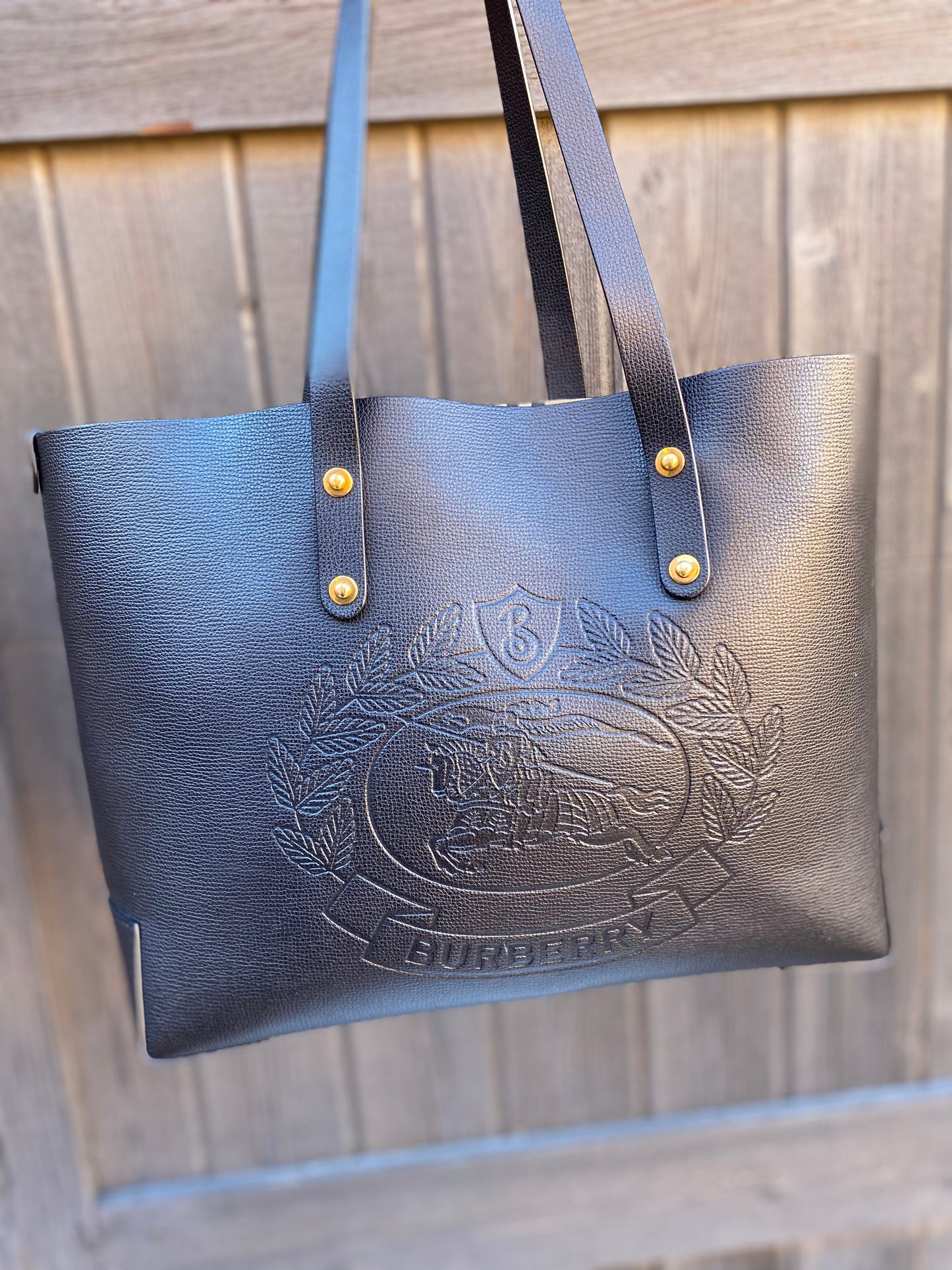 Burberry Embossed Crest Leather Shopping Tote