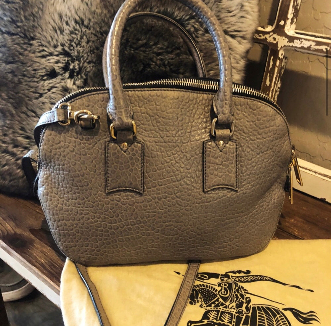 Burberry Orchard Pebbled Leather Heritage Bag